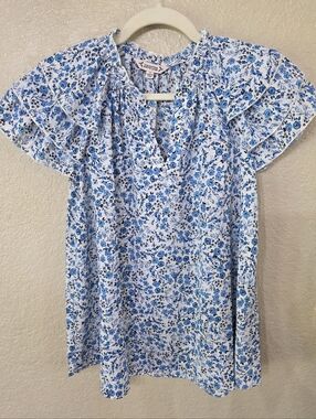Nanette Lepore White and Blue Floral Ruffle Sleeve Top